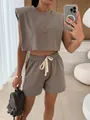 Chic taupe two-piece summer set with padded shoulder sleeveless top and drawstring shorts - S / Top And Bottom / Two-Piece Set / Camel