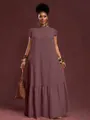 Elegante vestido largo morado suelto con mangas de volantes y dobladillo escalonado - S / Vestidos / Rojo carmín