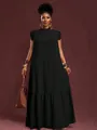 Vestido largo negro elegante con mangas de volantes, cuello alto y tejido texturizado - S / Vestidos / Negro