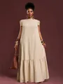 Elegante vestido largo plisado beige con hombros con volantes y corte holgado para mujer - S / Vestidos / Caqui