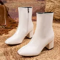 Elegant white block heel ankle boots with side zipper for women in British style - 38 / White PU Leather