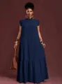 Elegante vestido maxi plisado azul marino con mangas de volantes y ajuste holgado - S / Vestidos / Azul marino