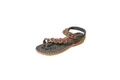 Detailed view of bohemian ethnic beaded thong sandals with elastic strap and floral footbed. - Gray