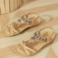Beige bohemian flat sandals with handcrafted beads and rhinestone crystal decoration - 38 / Earthy Yellow