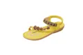 Detailed view of yellow bohemian sandals featuring beaded hearts and ethnic embroidered strap. - Yellow