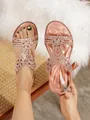 Bohemian style rose gold flat sandals featuring intricate sparkling rhinestone flower patterns - Orange