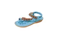 Detailed side view of Bohemian light blue flat sandal featuring colorful beads and heart accents - Sky Blue