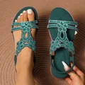 Dark green bohemian flat sandals with sparkling rhinestone flower detail for women - 36 / Dark Green