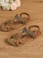 Braune böhmische flache Sandalen mit handgefertigten Perlen und glitzernder Schleife. - 38 / Dunkelbraun