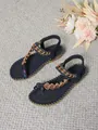 Navy blue Bohemian ethnic flat sandals with beaded T-strap for summer beach wear - Navy Blue