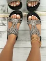 Elegant black bohemian flat sandals with sparkling rhinestone flower embellishments for women - 36 / Black