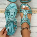 Elegant blue Bohemian rhinestone flower flat sandals for women with elastic heel strap - Light Blue