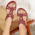 Red bohemian flat sandals with sparkling rhinestone flower decorations for women - Red