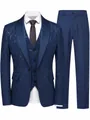 Vooraanzicht van blauw jacquard driedelig herenpak inclusief colbert, vest en broek - S / Boven- En Onderstuk / Blauw