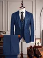 Elegant navy blue jacquard floral three-piece suit with shawl collar for men's banquet - S / Set / Blue