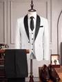 Detail view of men's elegant 3-piece white jacquard tuxedo set with black shawl lapels - S / Set / White