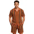 Men's summer vertical striped knit Polo shirt and shorts two-piece set in rust brown. - M / Top And Bottom / Brown