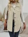 Detailed shot of a beige corduroy vest for women featuring lapels and brown buttons. - S / Tops / Apricot