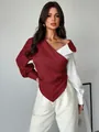 Elegant burgundy and white color-block long-sleeve blouse with asymmetric wrap collar detail. - S / Tops / Dark Red