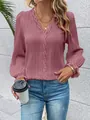Elegant dusty rose long sleeve blouse featuring V-neck lace trim and pleated cuffs detail - S / Tops / Bean Paste Red