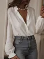 Elegant white embroidered blouse with delicate wood ear collar and bubble sleeves. - S / Tops / White