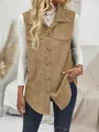 Detail view of women's khaki corduroy vest with button-down lapel and pockets - S / Tops / Camel