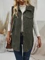 Detail shot of women's olive green corduroy vest featuring a button-down front and collar. - S / Tops / Army Green