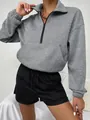 Grauer Fleece-Sweatshirt für Damen mit Reißverschluss, Stehkragen und Tasche - S / Oberteile / Meliertes Grau