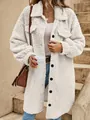 Detailed view of long white fuzzy teddy coat with lapel collar and button closure - S / Tops / Milky White