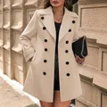 Elegante cappotto in lana crema media lunghezza doppiopetto con vestibilità slim per autunno. - Taglia S / Top / Albicocca Chiaro