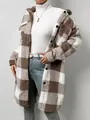 Detailed view of the soft texture on a stylish brown and white plaid plush coat - Coffee and White Grid