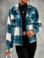 Close-up detail view of the front of a blue and white plaid flannel cropped jacket - S / Tops / Custom Blue