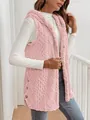 Pink women's fuzzy sherpa hooded vest, soft casual sleeveless fleece cardigan. - S / Tops / Pink