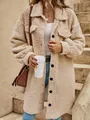 Detailed close-up view of women's beige long teddy fleece coat with button-up front - S / Tops / Apricot
