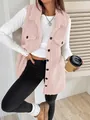 Detailed look at a pink teddy fleece vest with lapel and button closure on model - Light Pink