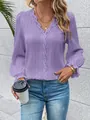 Elegant lavender purple V-neck long sleeve blouse with lace patchwork for women - Purple