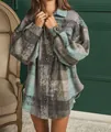 Giacca a camicia casual da donna in flanella spazzolata a quadri blu e grigio - Taglia S / Top / Grigio