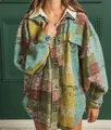 Giacca a camicia scozzese spazzolata multicolore da donna con colletto a rever e bottoni - Taglia S / Top / Verde Azurro