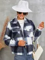 Stilvolle blau-weiß karierte Wollmischjacke mit Revers und Knöpfen für Damen - S / Oberteile / Königsblau