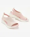 Detailed view of pink flying weave peep-toe mesh sandals with white chunky soles - 35 / Pink