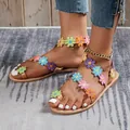 Detail of Bohemian flat sandals with colorful embroidered flowers and gold chain. - 36 / Multicolor 3D Flower Style (1502) / Multicolor
