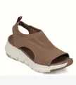 Detailed side view of brown knit fly-weave peep-toe sandals with thick white foam sole - 35 / Brown