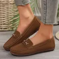 Close-up of stylish brown faux-leather women's loafers with chic metal horsebit - 36 / Single Buckle Style / Brown