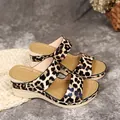 Side view of leopard print wedge sandals with peep toe design and beige platform sole. - 35 / Leopard Print (SM-190)