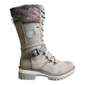 Detail view of women's mid-calf winter boots with knitted collar and buckle strap - Beige