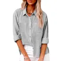 Detail of women's grey linen long sleeve shirt with two chest pockets and button down front. - S / Tops / Gray
