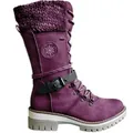 Detailed view of purple mid-calf winter boots with knit cuff and ankle buckle strap - 35 / Purple