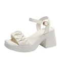 Elegant white platform sandals featuring a pleated front strap and chunky high heel. - 38 / Ruffled Ankle Strap Block Heel (D-2) / White