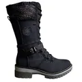 Close-up of black mid-calf boot with knitted collar and buckle strap - 35 / Black