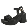 Side view of black platform sandal featuring a ruffled strap and ankle buckle closure. - 38 / Ruffled Ankle Strap Block Heel (D-2) / Black